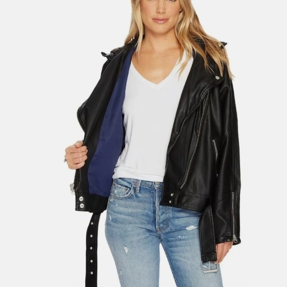 Free People black faux leather vegan moto motorcycle zip up hooded jacket sz S - Picture 2 of 12